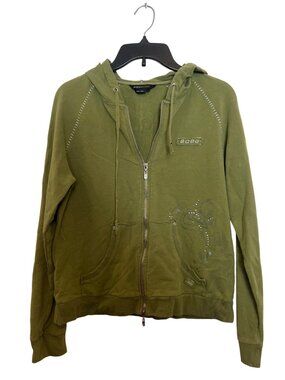 Vintage Y2K BCBG Max Azria Green Hoodie XL Cotton Blend Rhinestone Embellishment